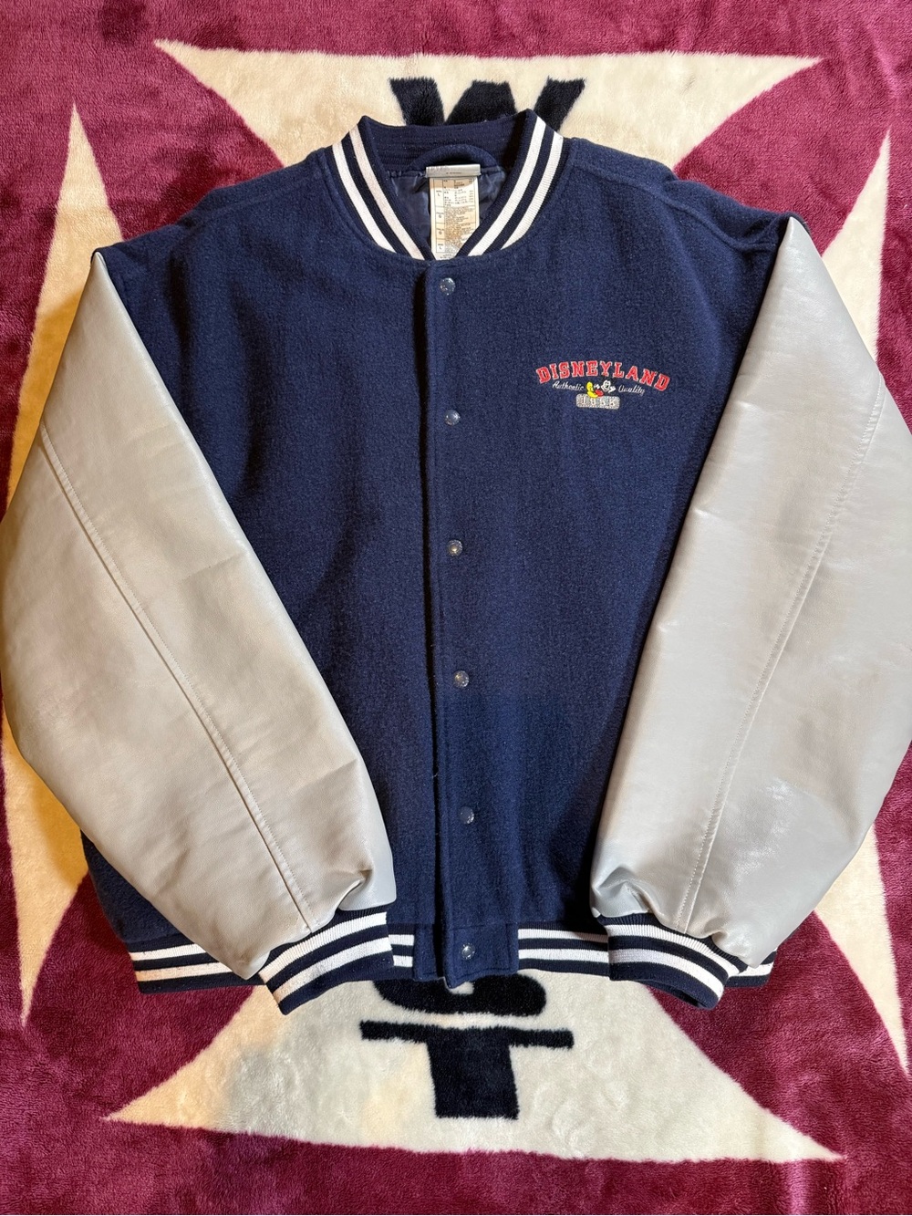 Disney Navy Wool Varsity Jacket with Light Gray Leather Sleeves